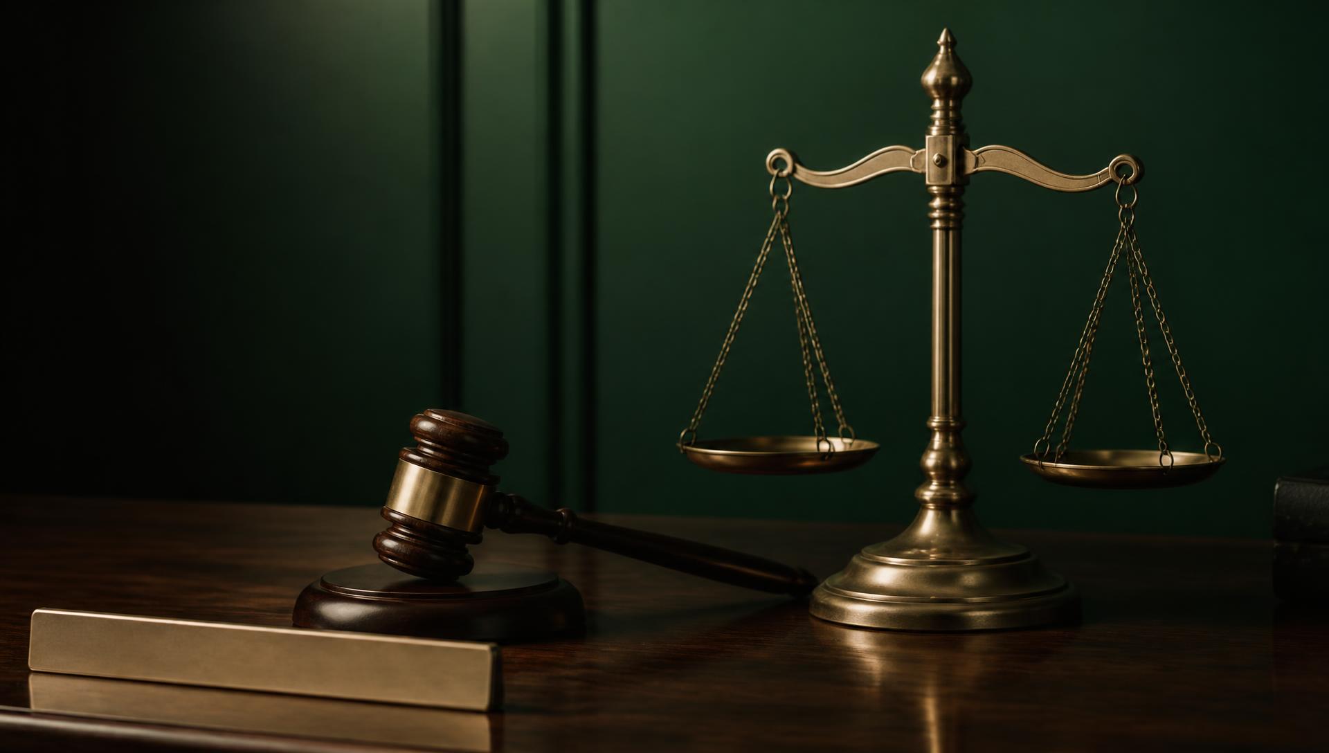 Balança da justiça e martelo sobre mesa de nogueira escura